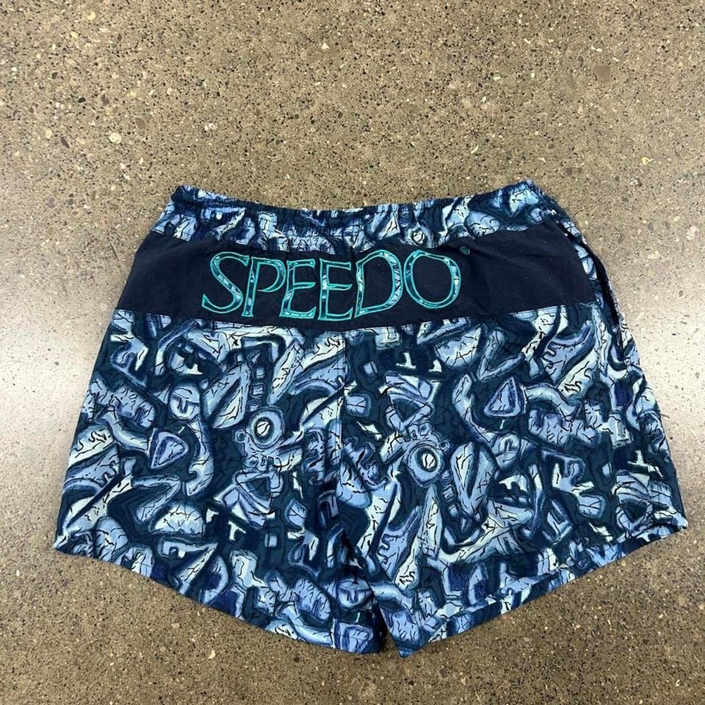 Vintage 90s Speedo Blue Swim Shorts Board Shorts Abstract Graphic AOP (Size L)